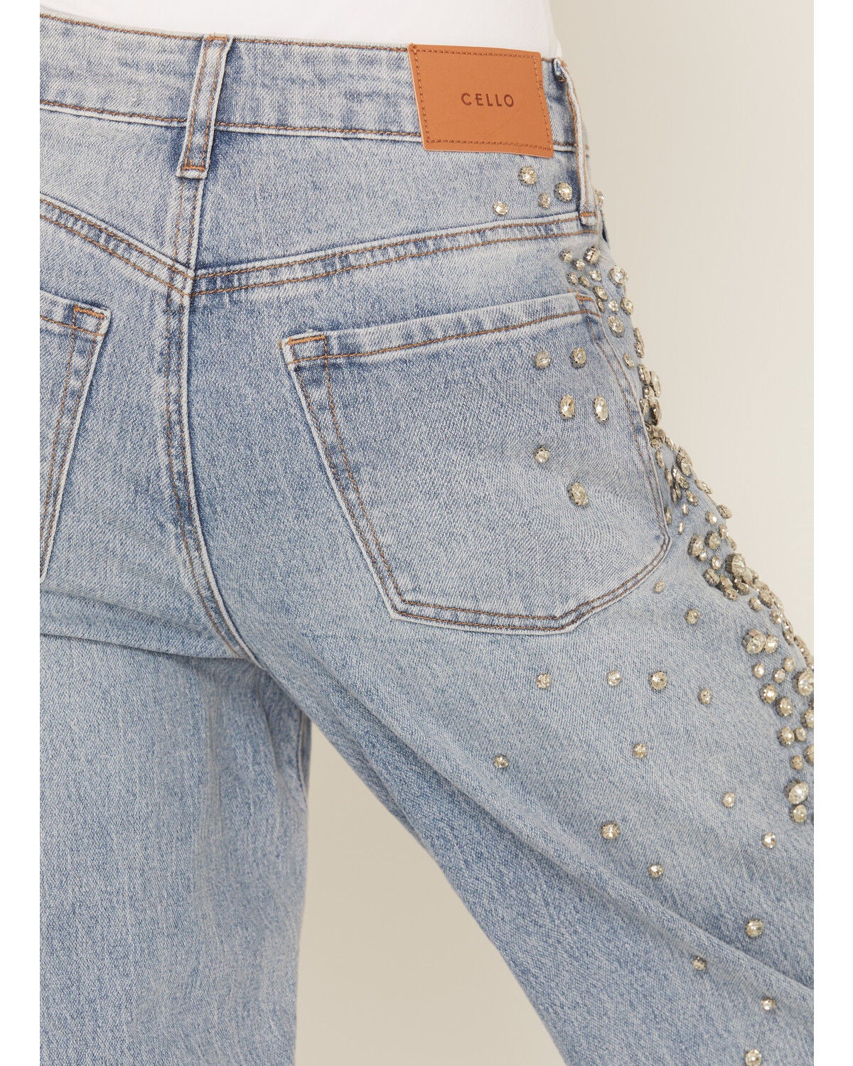 Image #4 - Cello Women's Medium Wash Mid Rise Rhinestone Embellished Wide Leg Stretch Denim Jeans, Medium Wash, hi-res