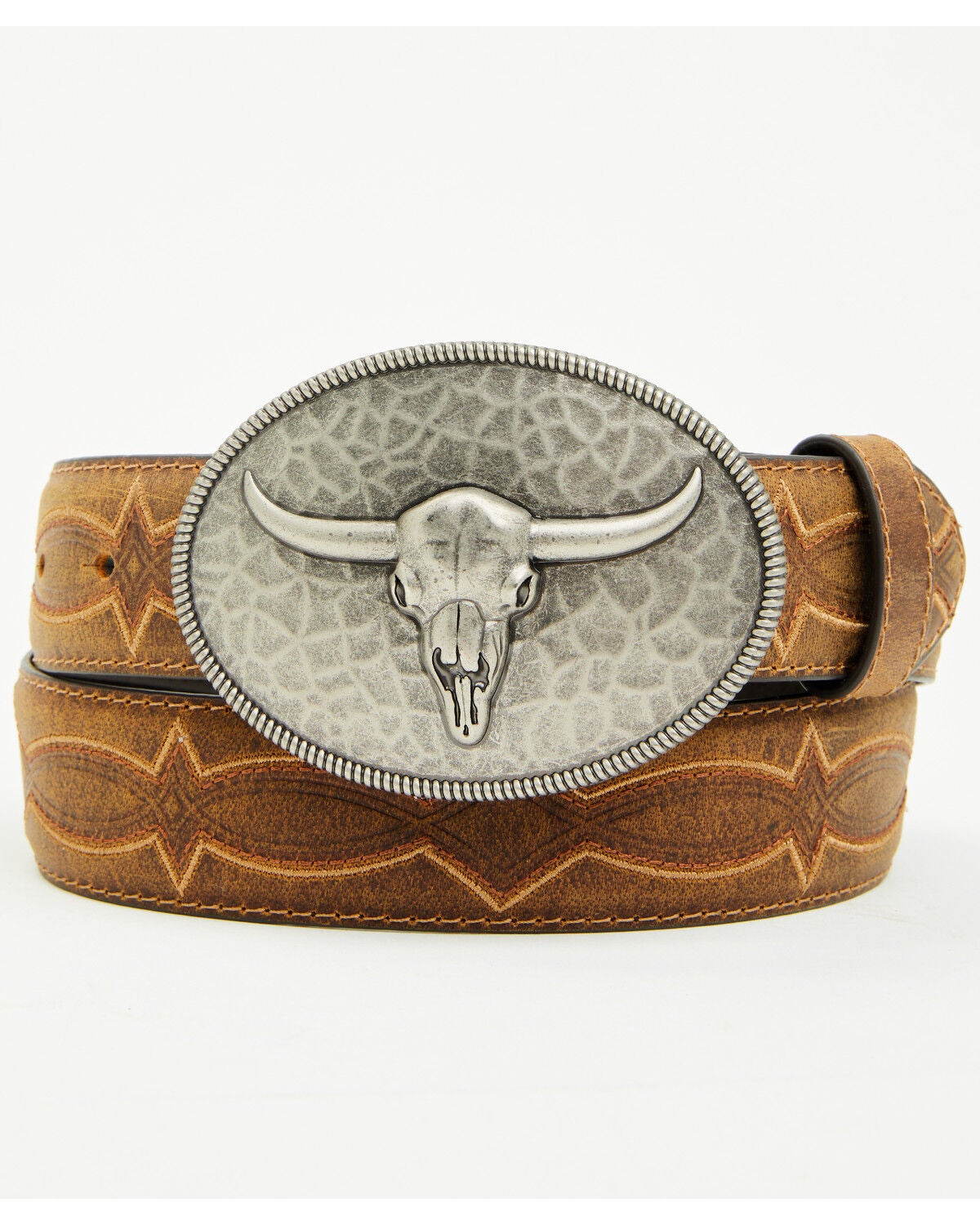 Cody James Men's Carson Hammered Longhorn Buckle Belt, Brown, hi-res