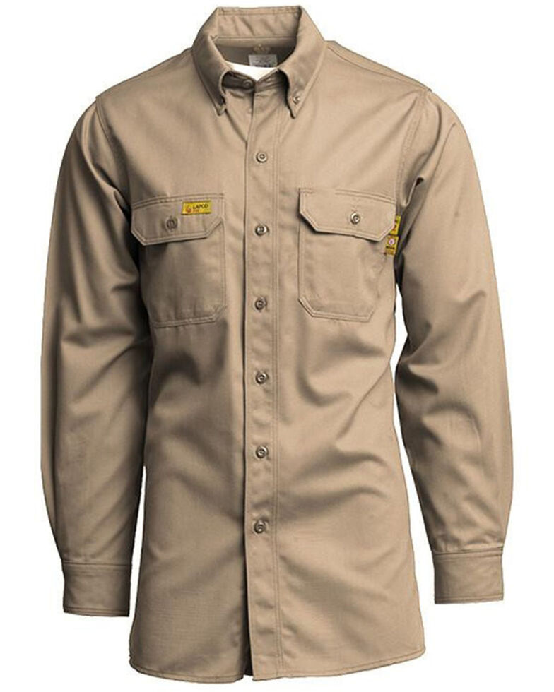 Lapco Men's FR Solid Khaki Uniform Long Sleeve Button-Down Work Shirt , Beige/khaki, hi-res