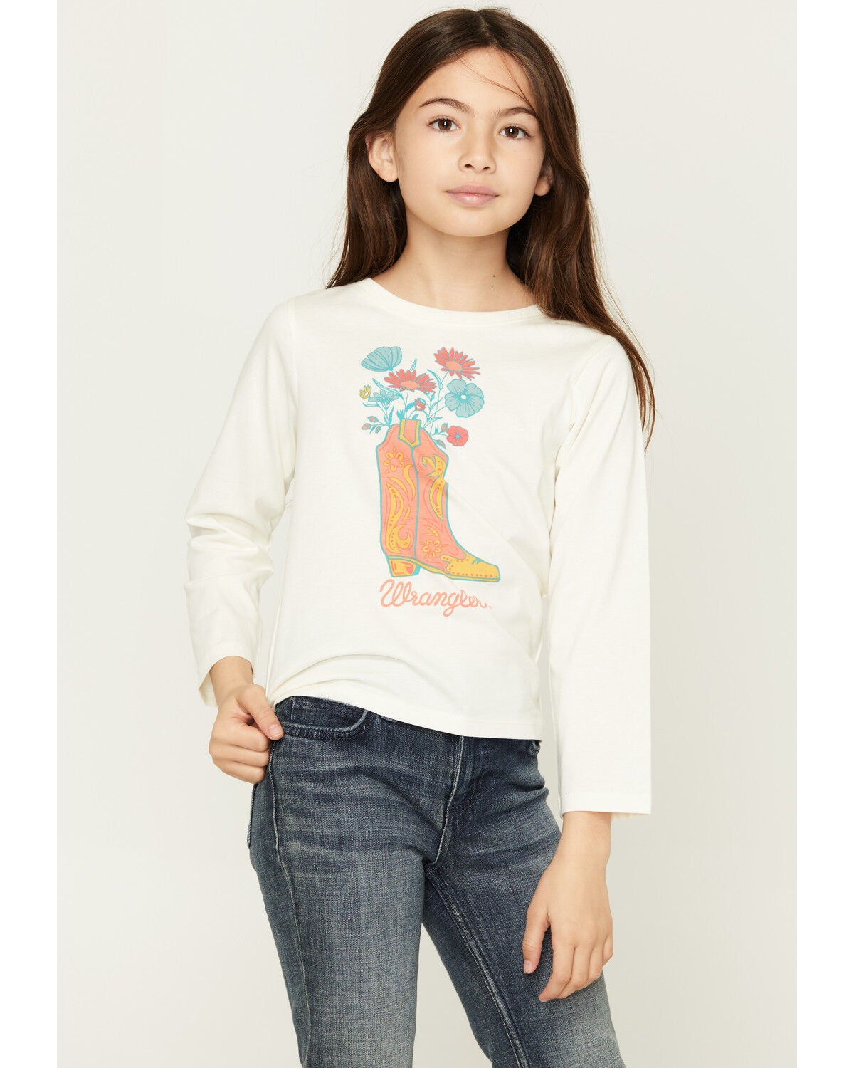 Wrangler Girls' Floral Boot Long Sleeve Graphic Tee, White, hi-res