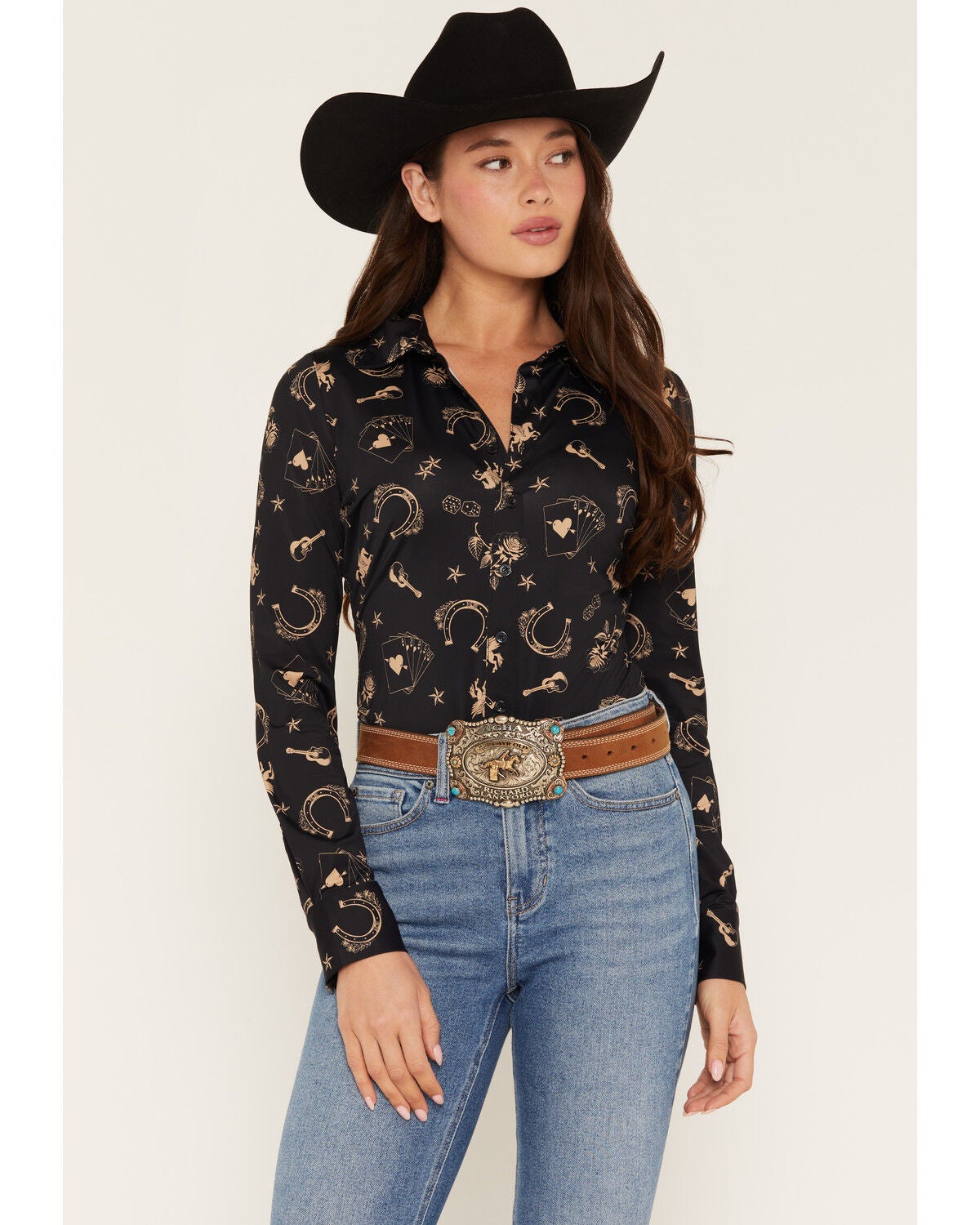 Idyllwind Women's Western Conversation Print Long Sleeve Pullover Stretch Western Shirt, Black, hi-res