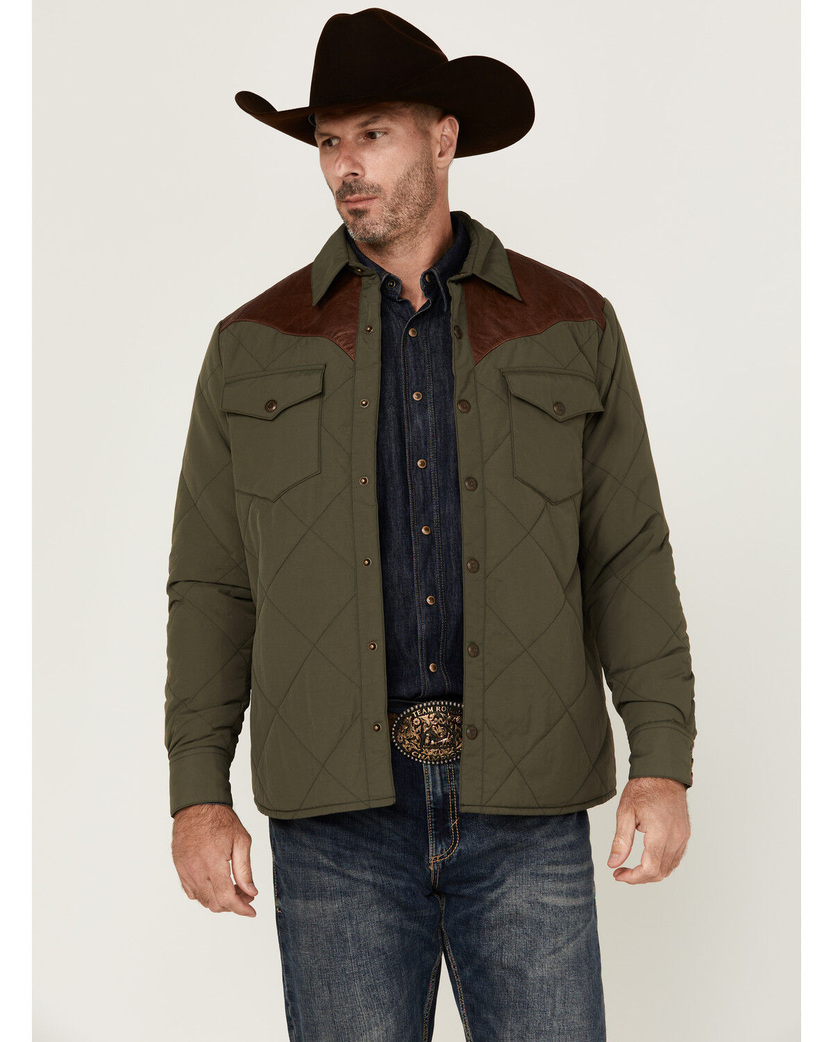 Image #1 - Resistol Men's Quilted Leather Yoke Jacket, Olive, hi-res