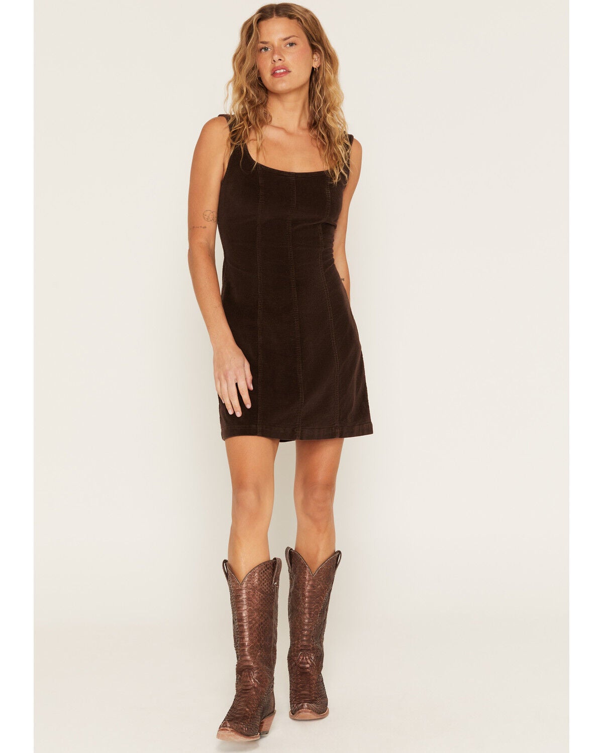 Ashley Women's Sleeveless Strap Open Back Corduroy Mini Dress, Brown, hi-res