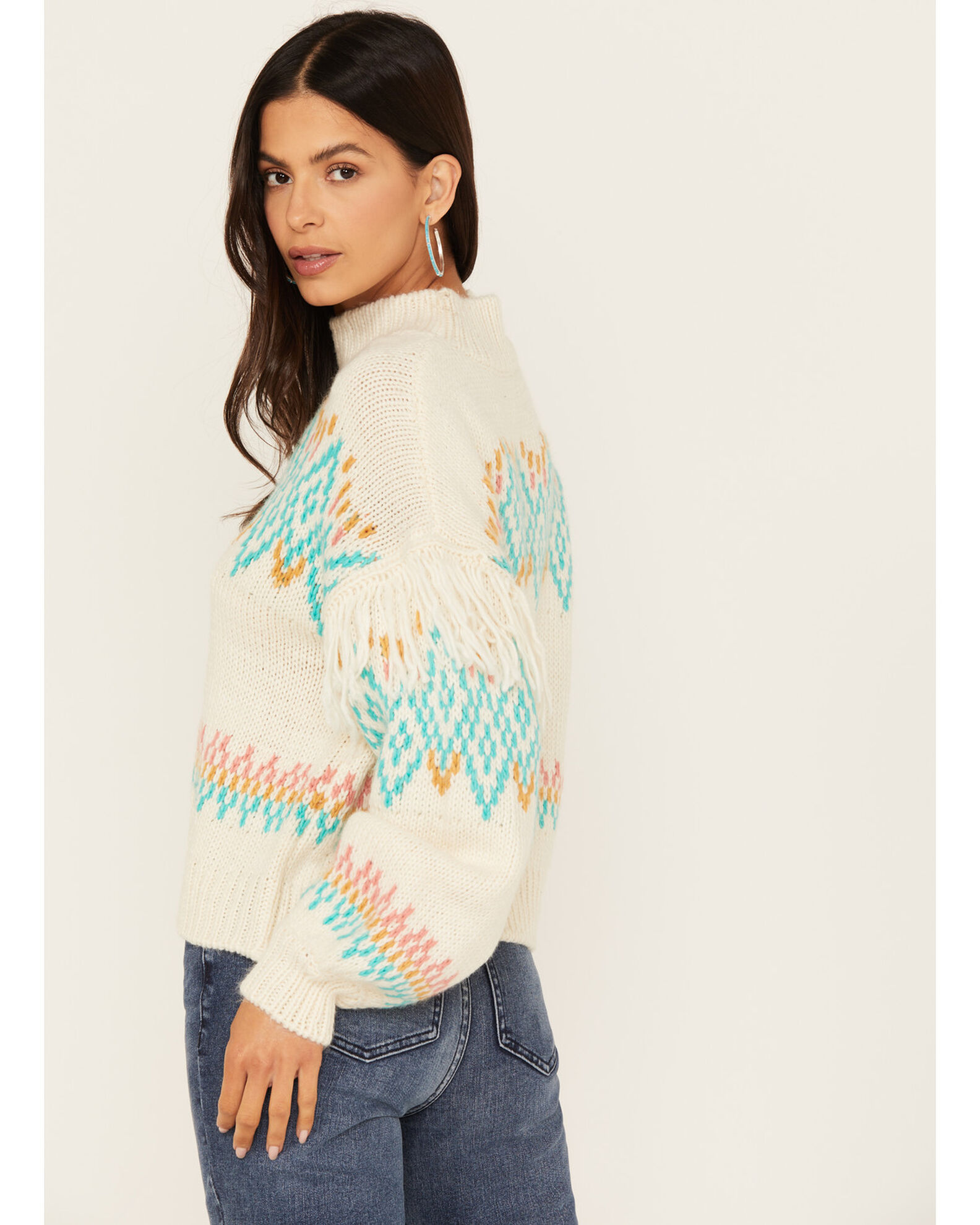 Rock Roll Denim Women s Southwestern Fringe Mock Turtleneck Sweater Country Outfitter