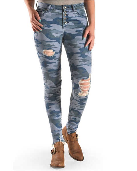 Tractr Women's High Rise Camo Skinny Jeans , Indigo, hi-res