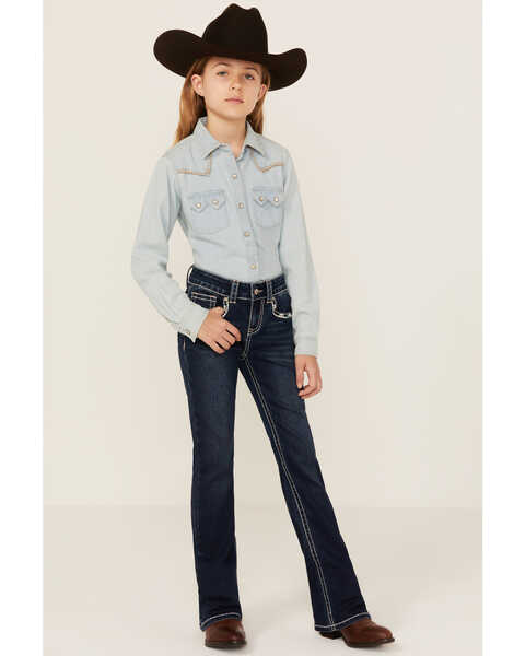 Image #1 - Shyanne Girls' Southwestern Floral Border Pocket Stretch Bootcut Jeans, Blue, hi-res