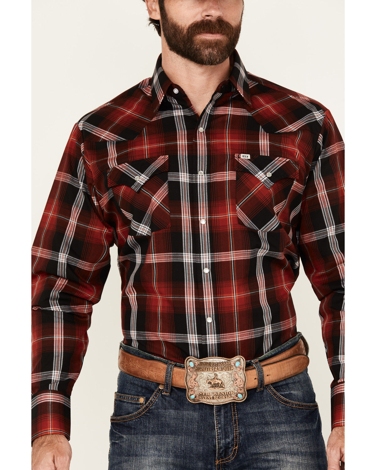Image #3 - Ely Walker Men's Plaid Print Long Sleeve Snap Stretch Western Shirt, Red, hi-res