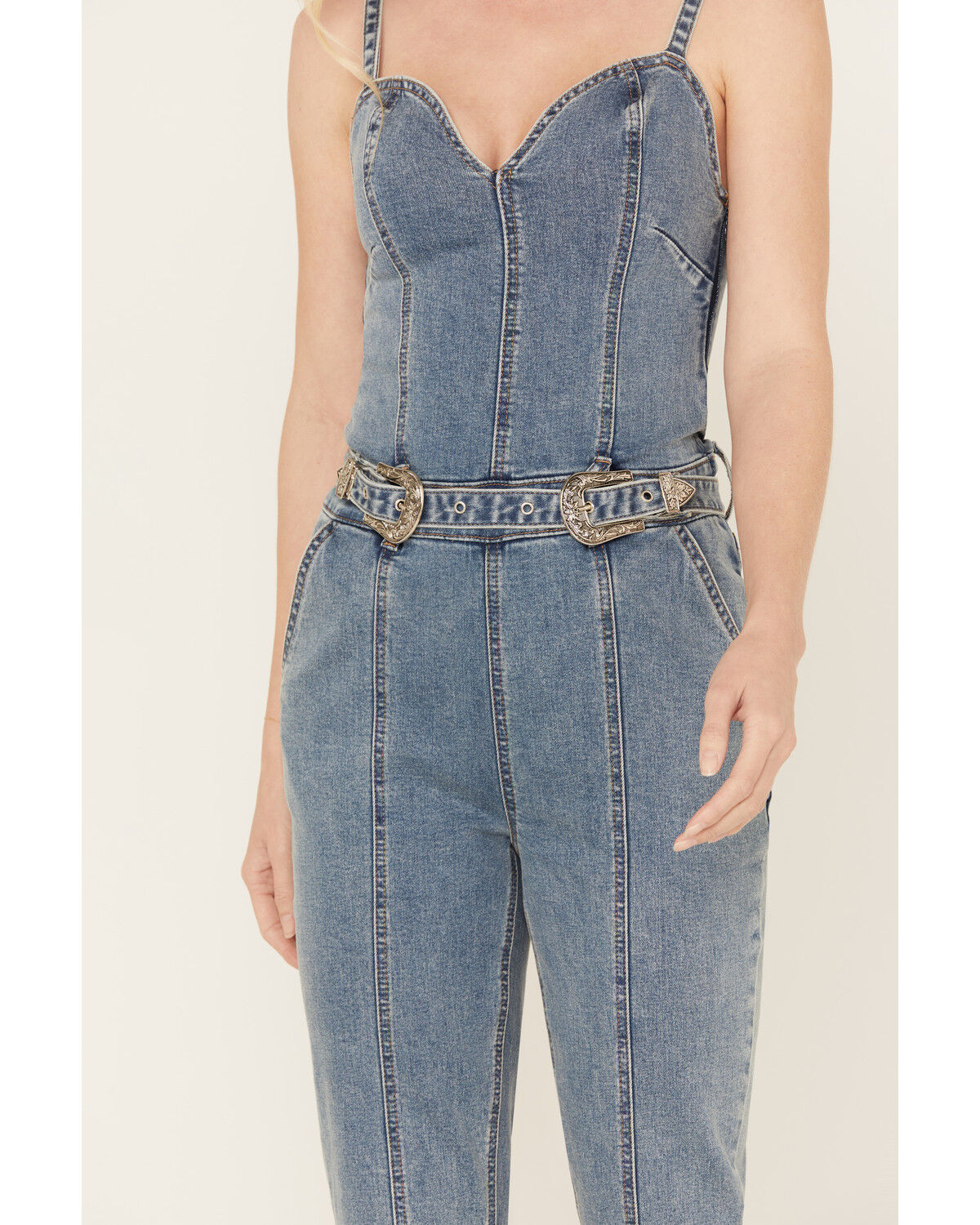 Image #4 - Rock & Roll Denim Women's Medium Wash Straight Leg Stretch Jumpsuit, Blue, hi-res