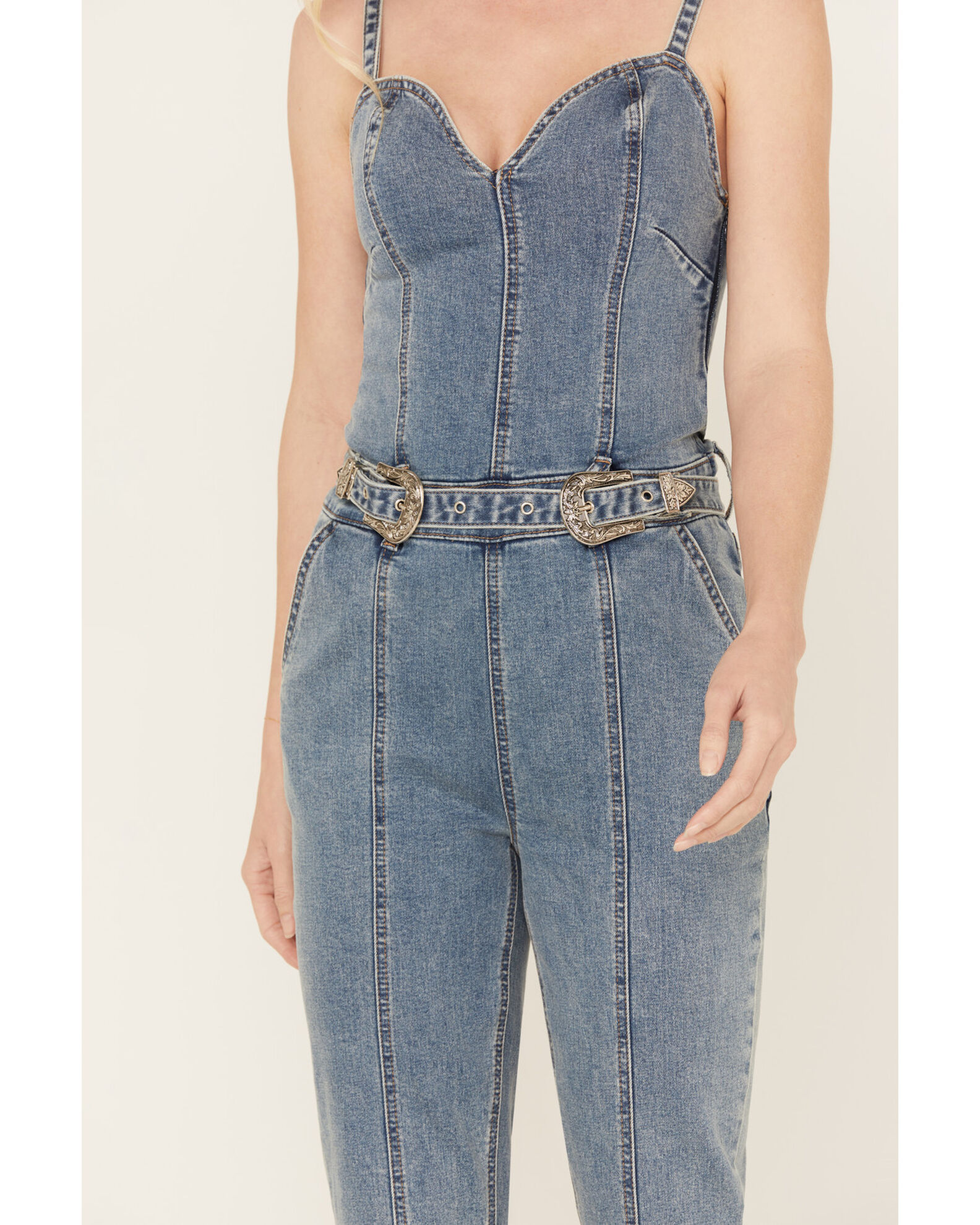 Rock Roll Denim Women s Medium Wash Straight Leg Stretch Jumpsuit