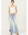 Image #1 - Ceros Women's Light Wash High Rise Destructed Patchwork Flare Stretch Jeans, Light Wash, hi-res