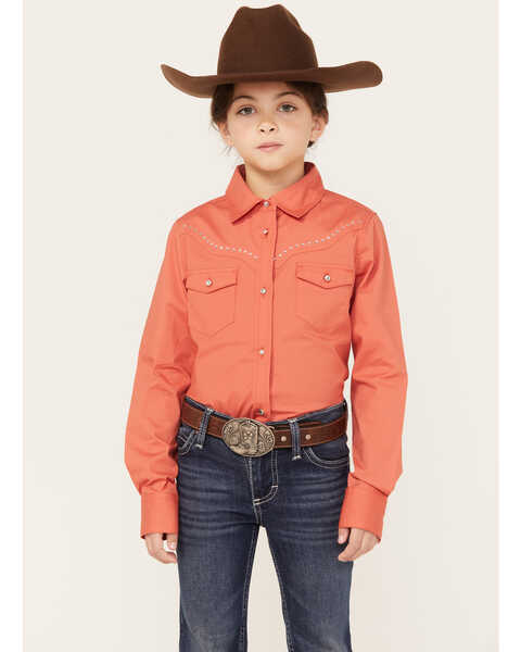 Image #1 - Shyanne Girls' Solid Long Sleeve Rhinestone Button-Down Stretch Western Riding Shirt, Brick Red, hi-res
