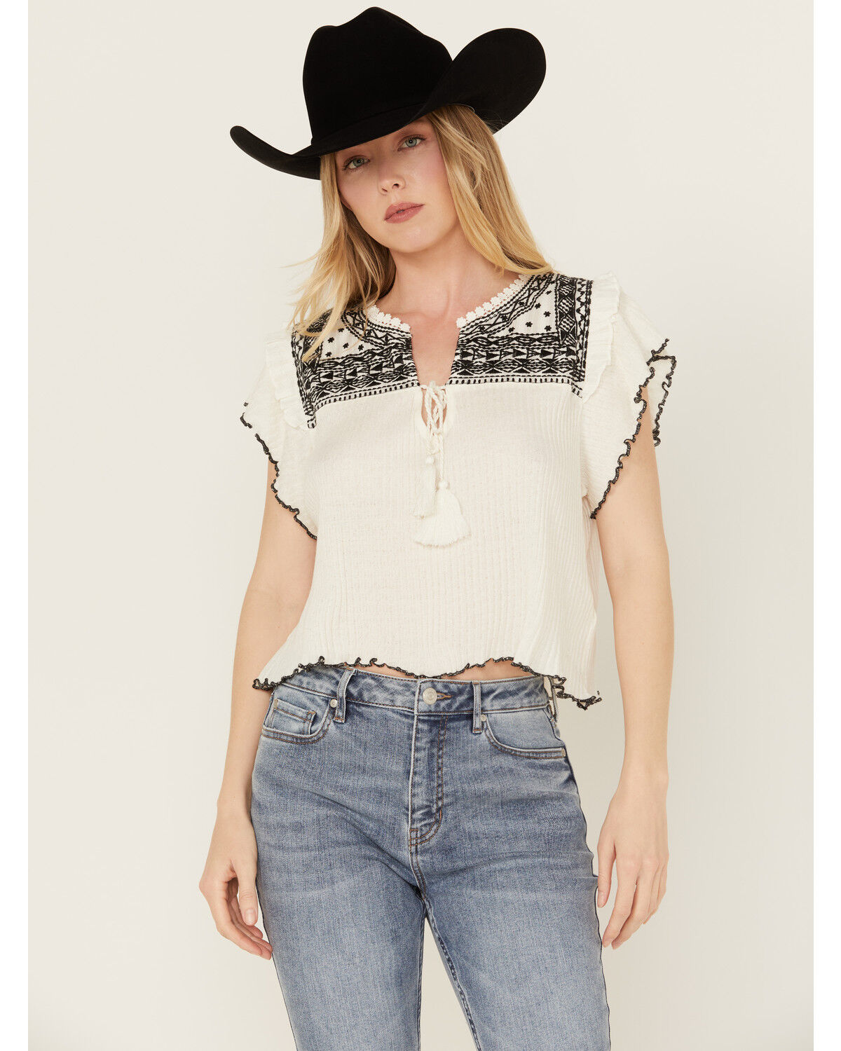 Image #2 - Free People Women's Ribbed Short Sleeve Embroidered Shirt, White, hi-res