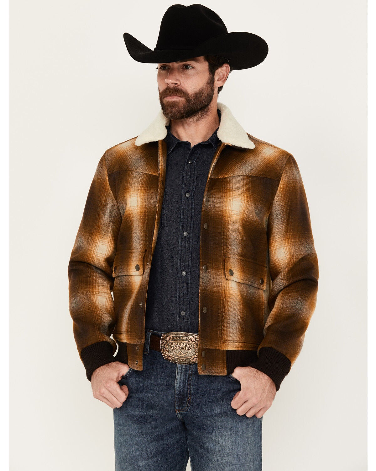 Pendleton Men's Jacksonville Ombre Plaid Print Snap Jacket, Brown, hi-res