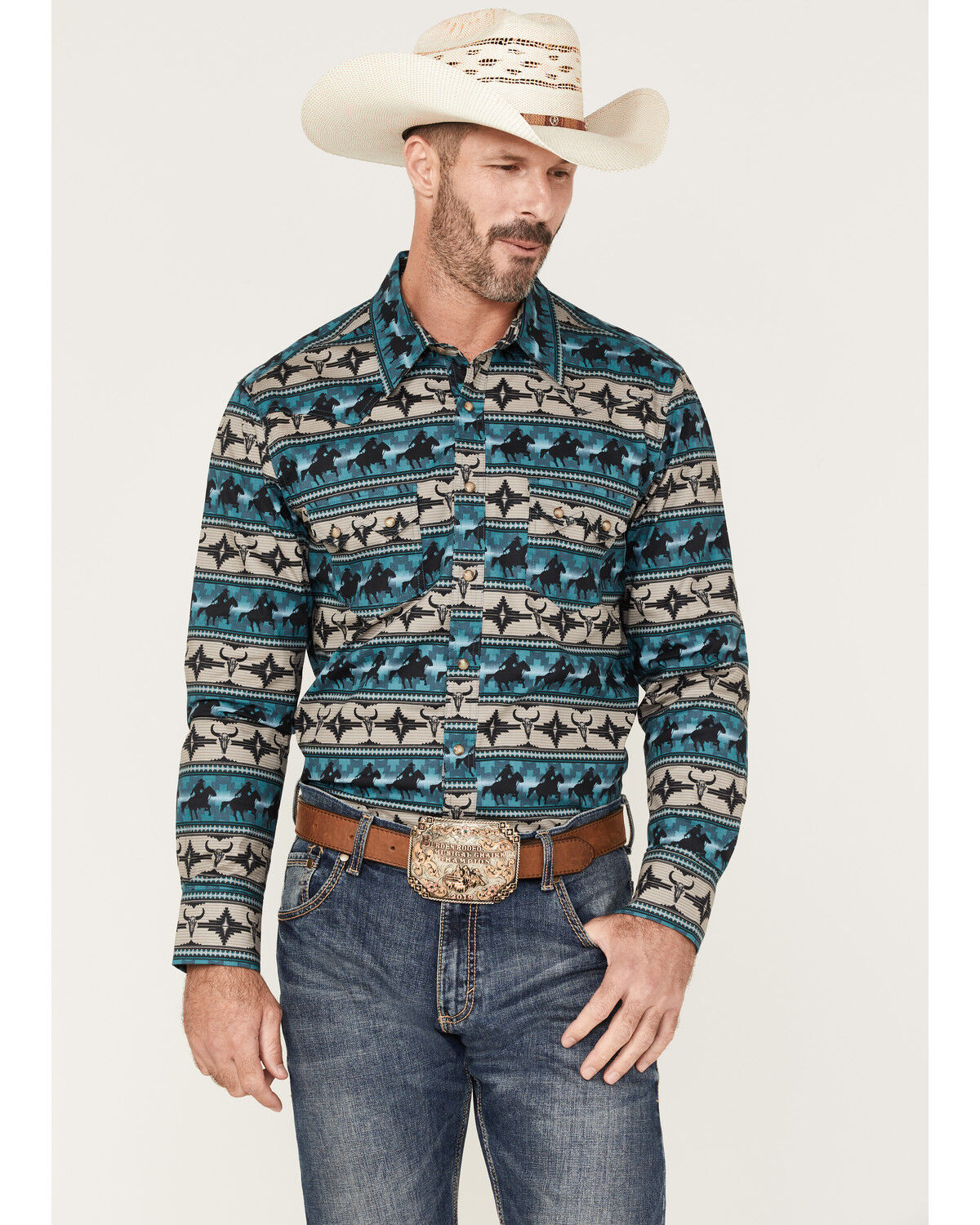 Image #1 - Rock & Roll Denim Men's Dale Brisby Southwestern Print Long Sleeve Snap Western Shirt, Teal, hi-res