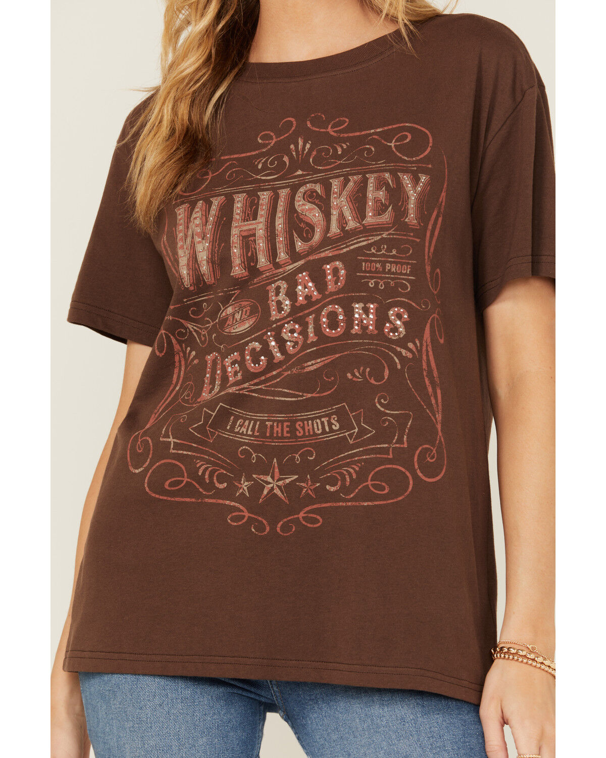 Image #3 - Shyanne Women's Whiskey Rhinestone Boyfriend Fit Short Sleeve Graphic Tee, Chocolate, hi-res