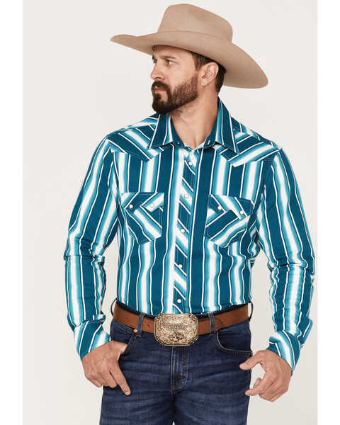 Rock & Roll Denim Men's Dale Brisby Stripe Stretch Long Sleeve Pearl Snap Shirt, Turquoise, hi-res