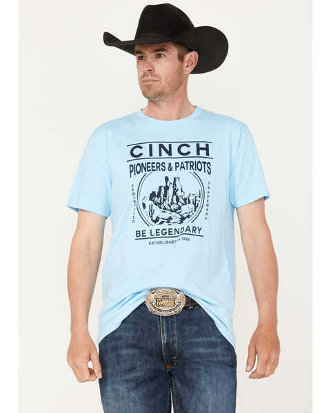 Cinch Men's Pioneers & Patriots Scenic Graphic Short Sleeve T-Shirt , Heather Blue, hi-res