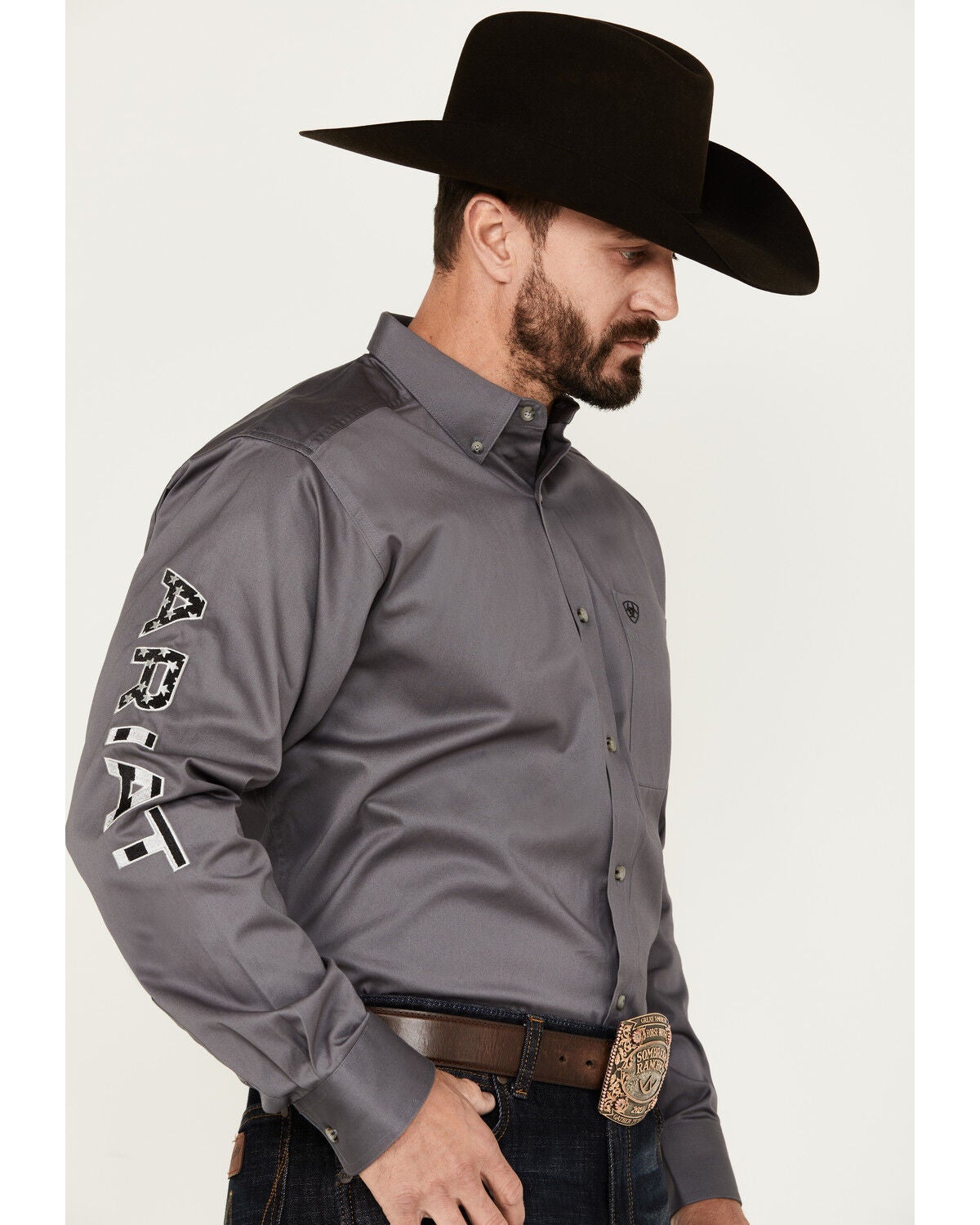 Ariat Men's Team Logo Twill Long Sleeve Button-Down Western Shirt, Dark Grey, hi-res
