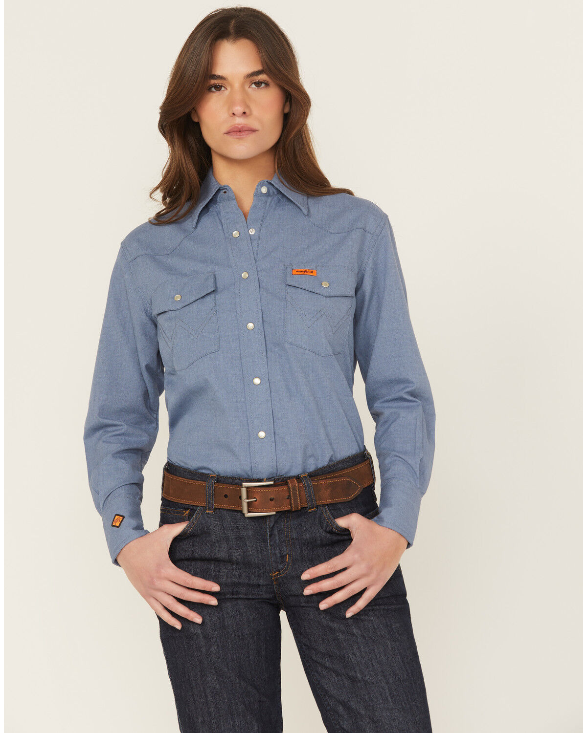 Image #1 - Wrangler Women's FR Blue Snap Long Sleeve Work Shirt, Blue, hi-res