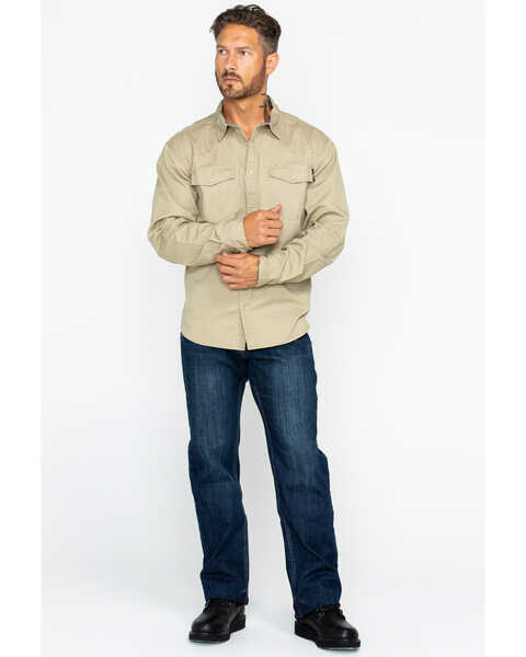 Hawx Men's Solid Twill Snap Long Sleeve Work Shirt , Beige/khaki, hi-res