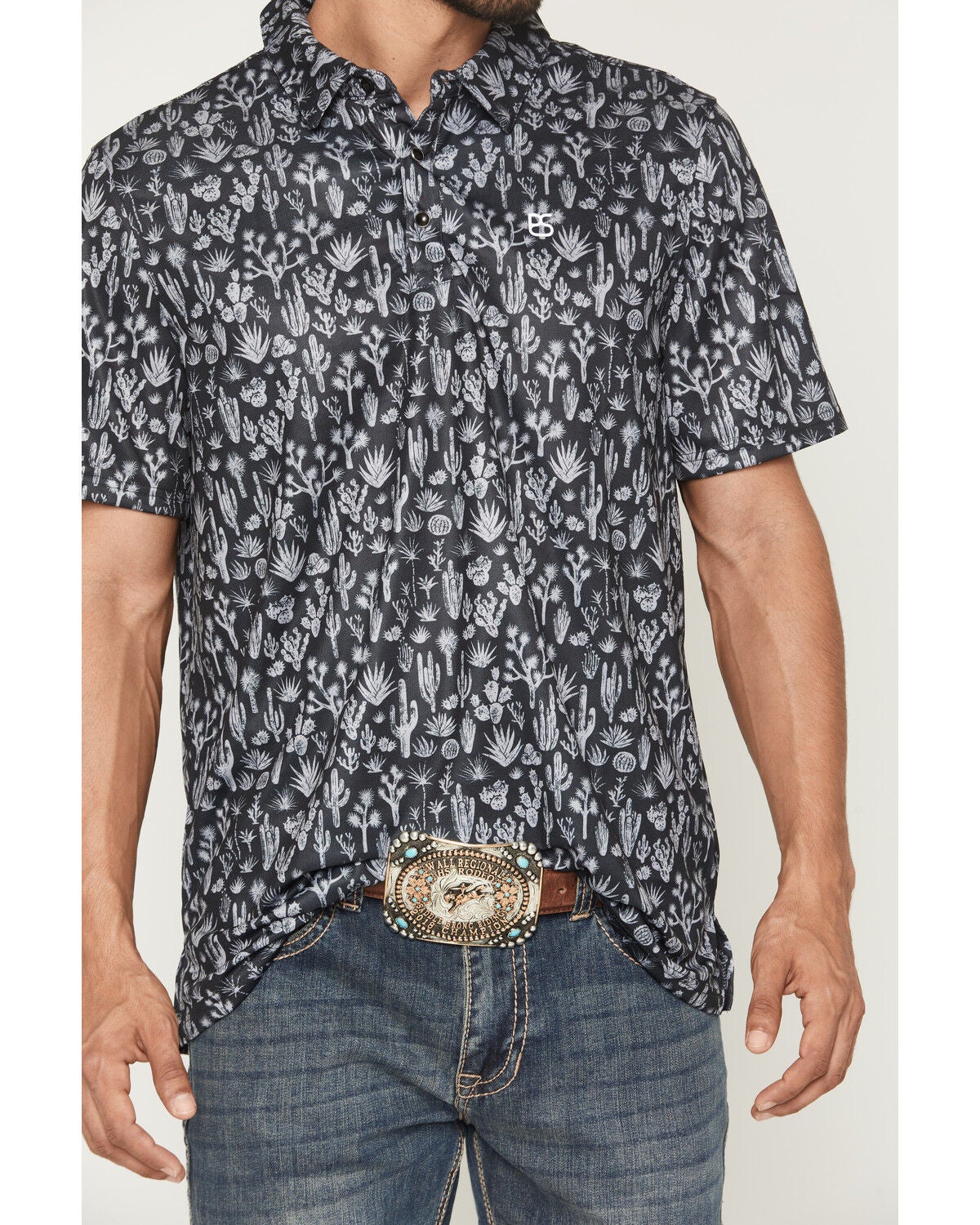 Image #3 - Panhandle Slim Men's Cactus Print Short Sleeve Button-Down Polo Shirt, Black, hi-res