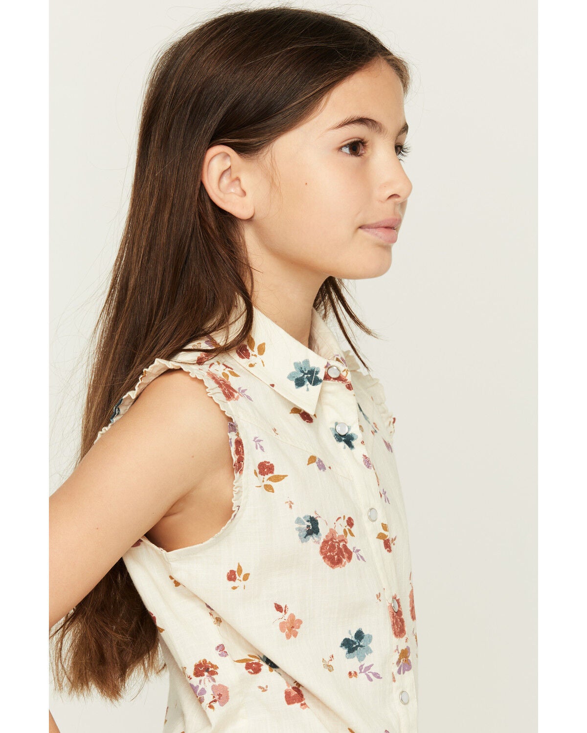 Image #2 - Shyanne Girls' Floral Print Sleeveless Snap Western Shirt, Oatmeal, hi-res