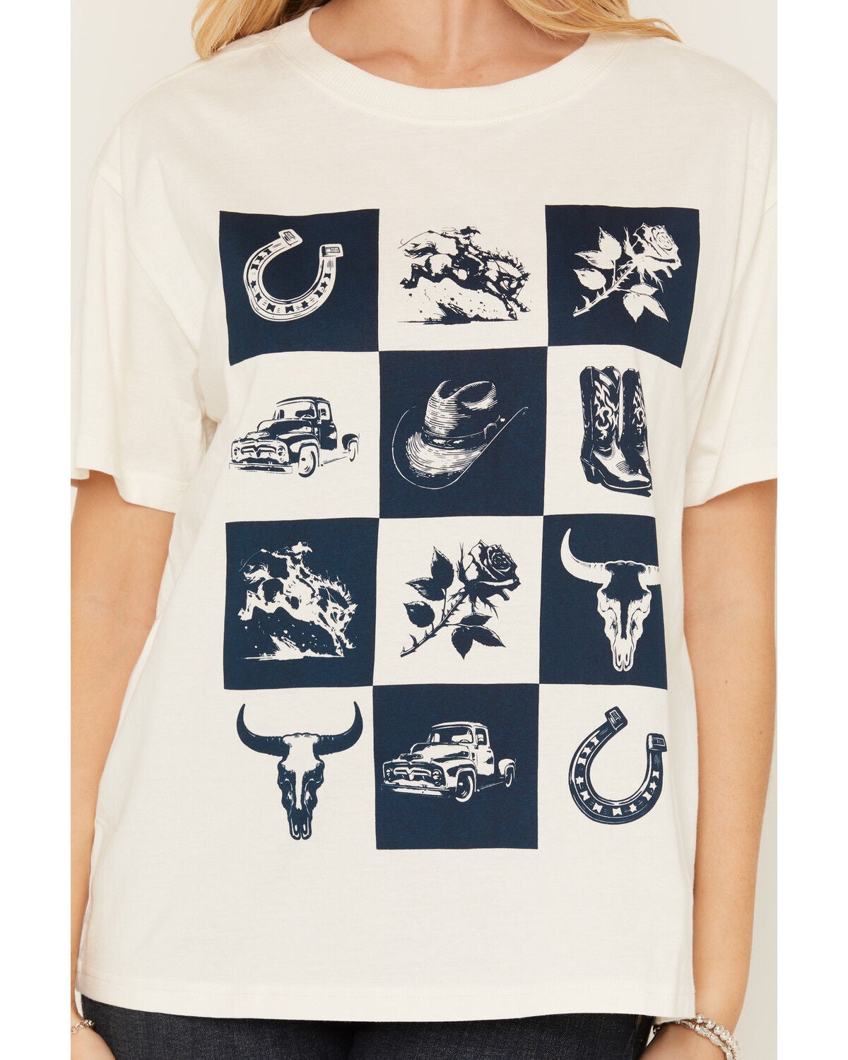 Image #3 - Shyanne Women's Western Checkerboard Short Sleeve Graphic Tee, Navy, hi-res