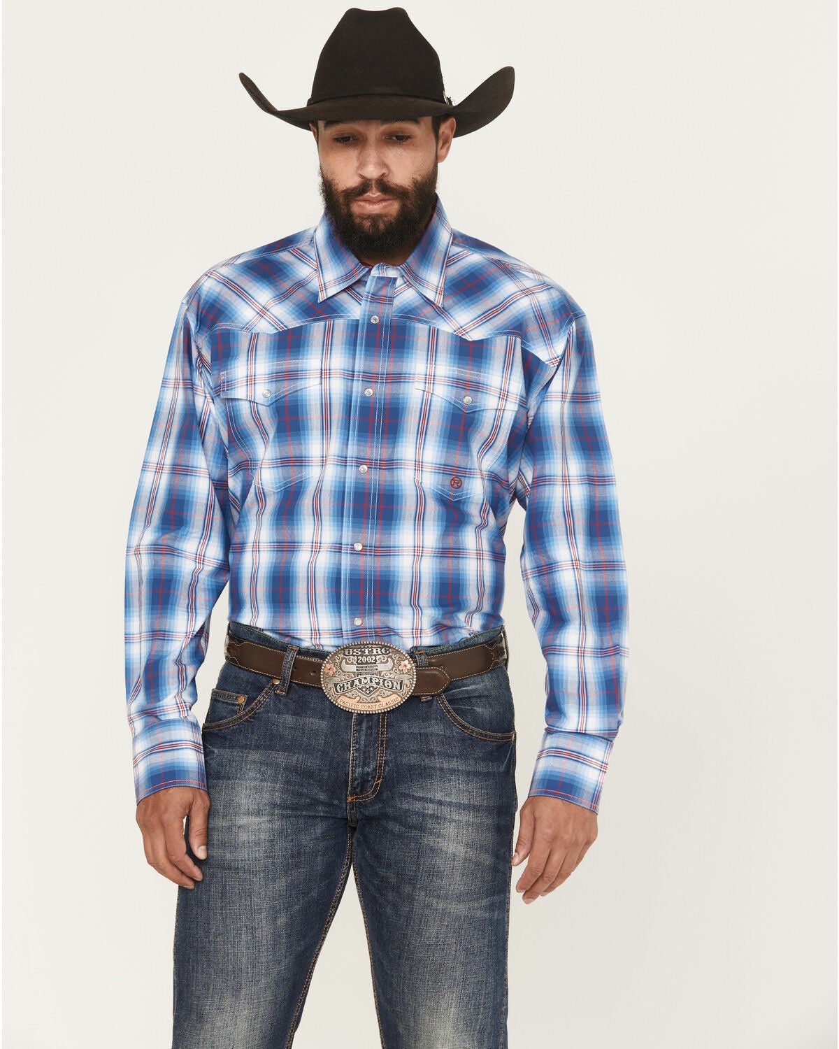 Roper Men's State Fair Plaid Print Long Sleeve Snap Western Shirt, Blue, hi-res