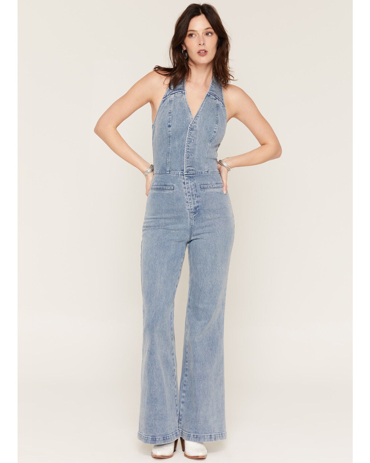 Image #1 - Flying Tomato Women's Light Wash Halter Denim Jumpsuit, Light Wash, hi-res