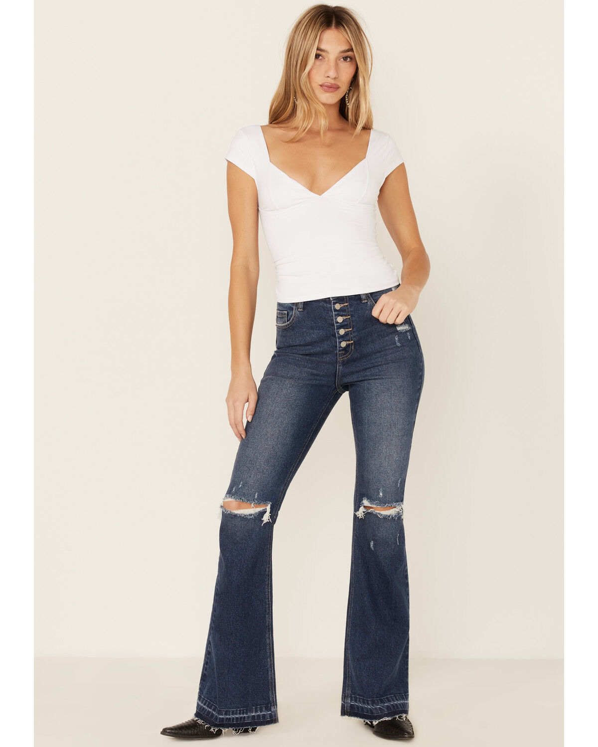 Image #1 - Cello Women's Tinsley High Rise 5-Button Released Hem Flare Jeans, Blue, hi-res