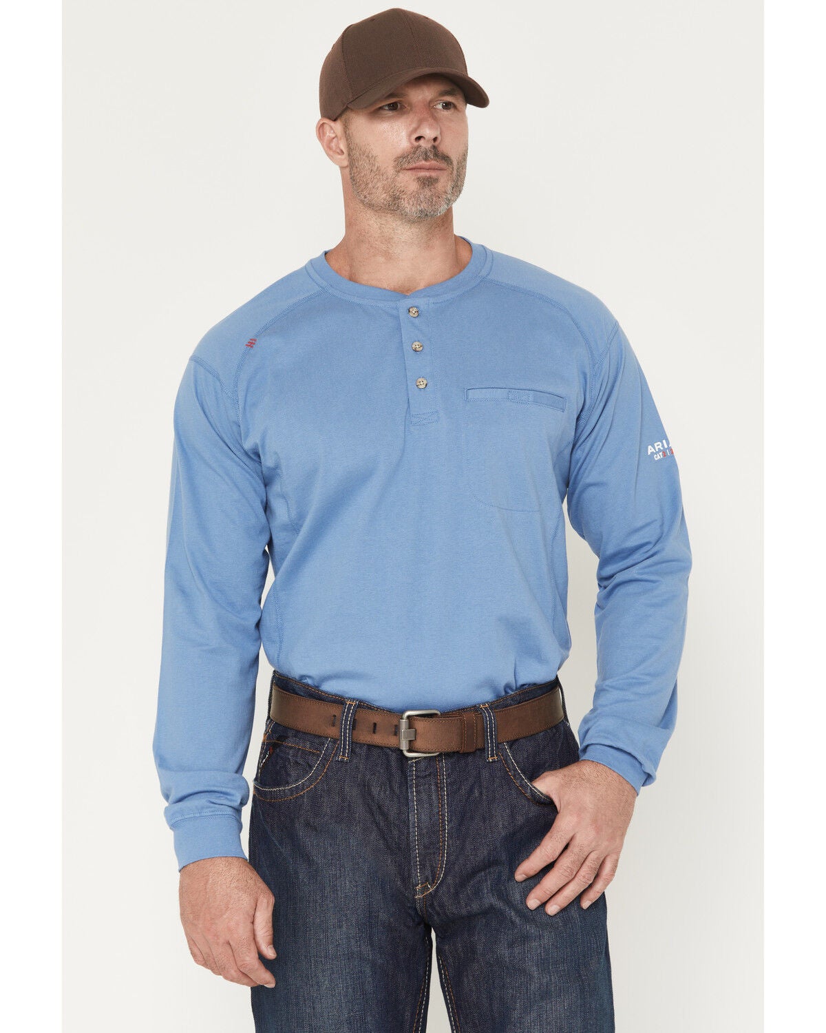 Image #1 - Ariat Men's FR Air Henley Long Sleeve Button-Down Work Shirt, Medium Blue, hi-res