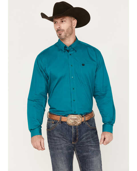 Cinch Men's Solid Button Down Long Sleeve Western Shirt, Teal, hi-res