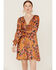 Image #2 - Beyond The Radar Women's Floral Dot Satin Long Sleeve Dress , Mustard, hi-res