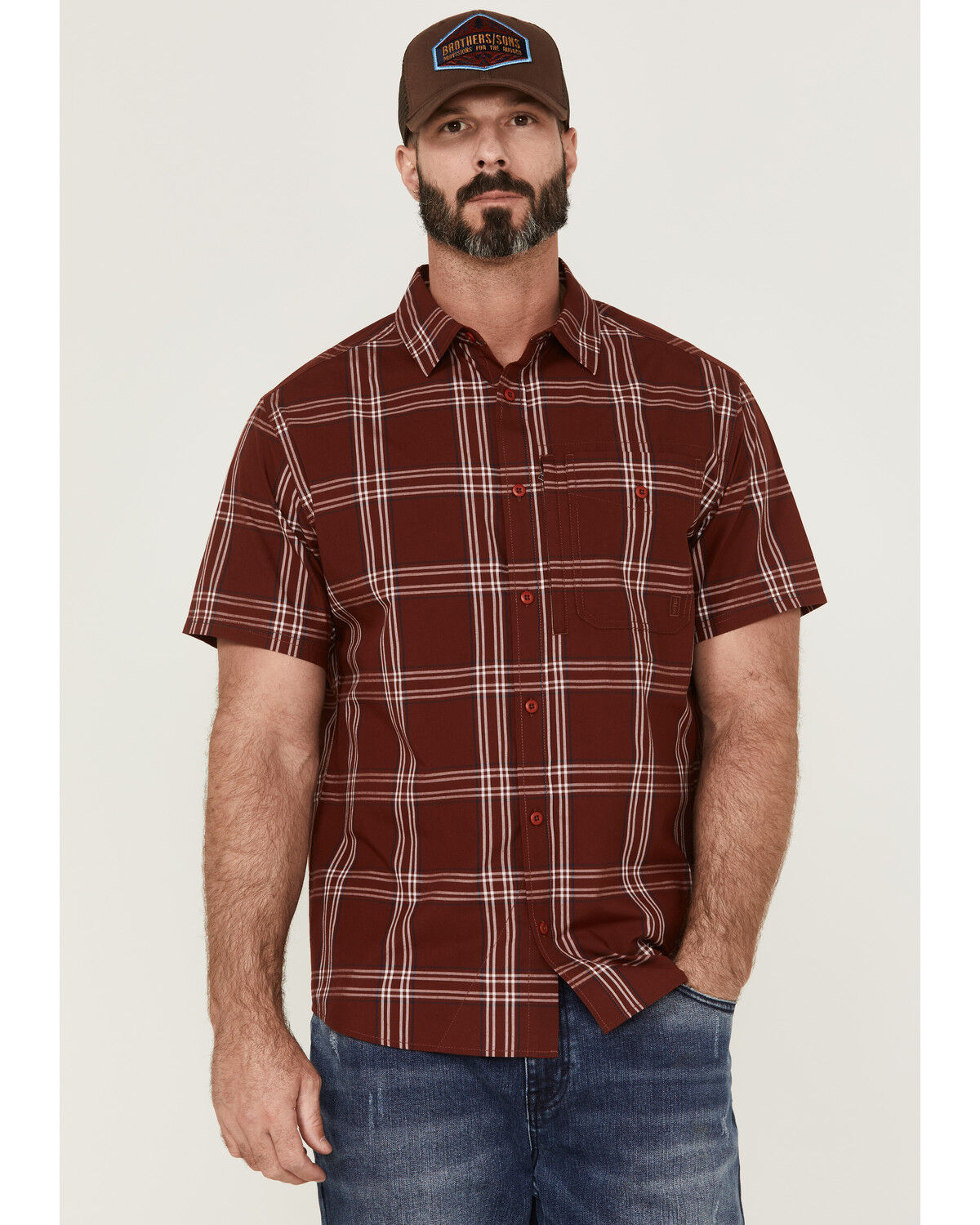 Image #1 - Brothers and Sons Men's Large Plaid Short Sleeve Button-Down Western Performance Shirt, Red, hi-res