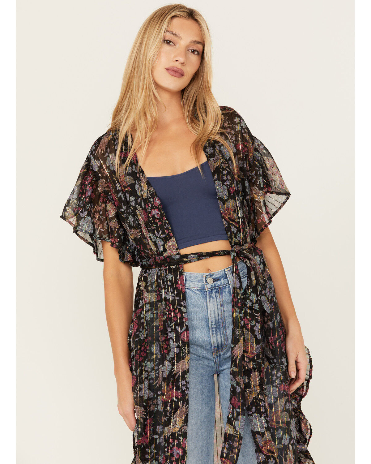 Image #2 - Angie Women's Floral Bird Print Ruffle Kimono, Black, hi-res