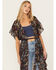 Image #2 - Angie Women's Floral Bird Print Ruffle Kimono, Black, hi-res