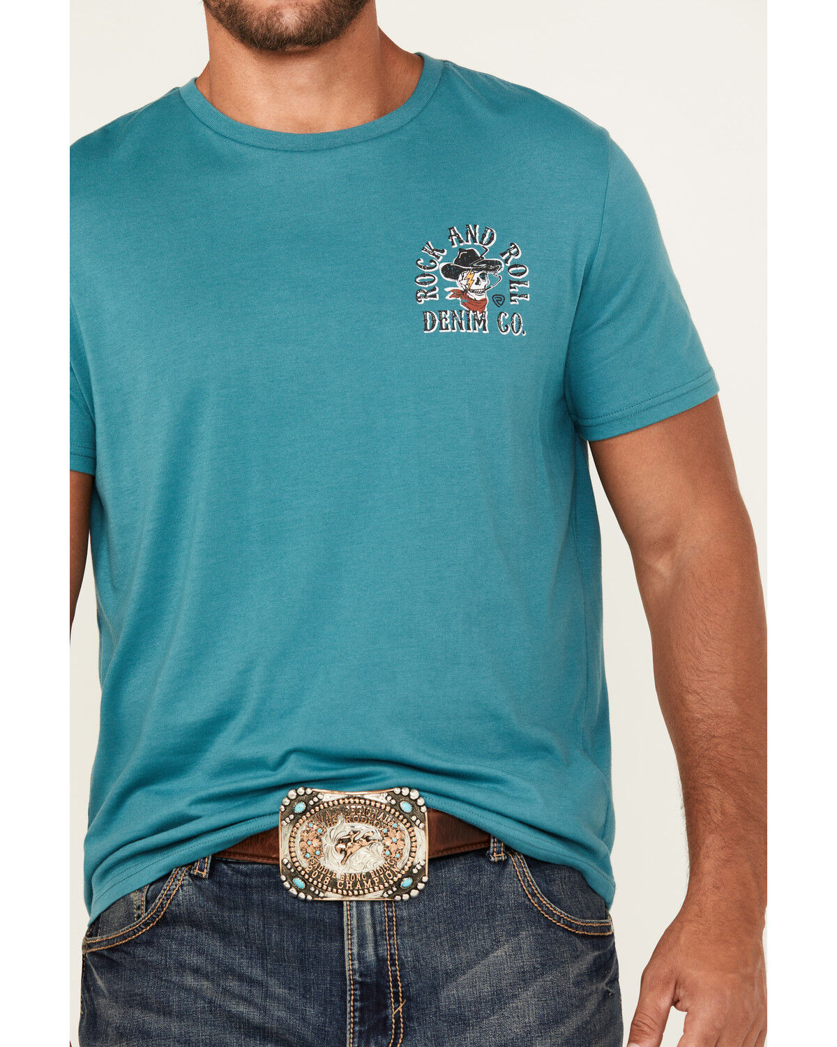 Image #4 - Rock & Roll Denim Men's Cowboy Skull Short Sleeve Graphic T-Shirt, Teal, hi-res