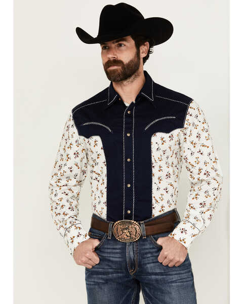 Image #1 - Wrangler Men's Rodeo Ben Color Block Floral Print Long Sleeve Pearl Snap Western Shirt , Multi, hi-res