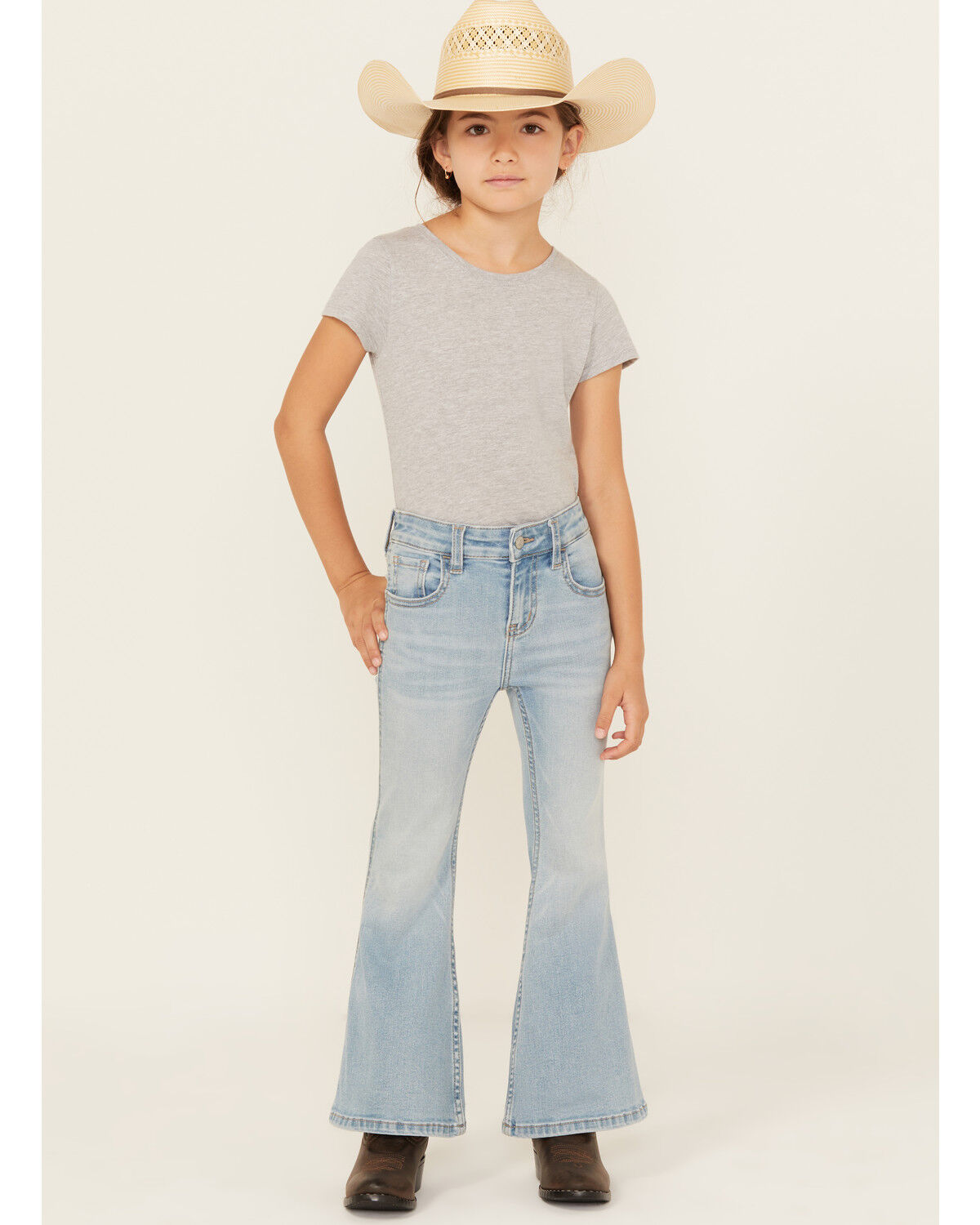 Image #3 - Shyanne Little Girls' Ophelia Floral Embroidered Light Wash Flare Stretch Denim Jeans, Medium Wash, hi-res