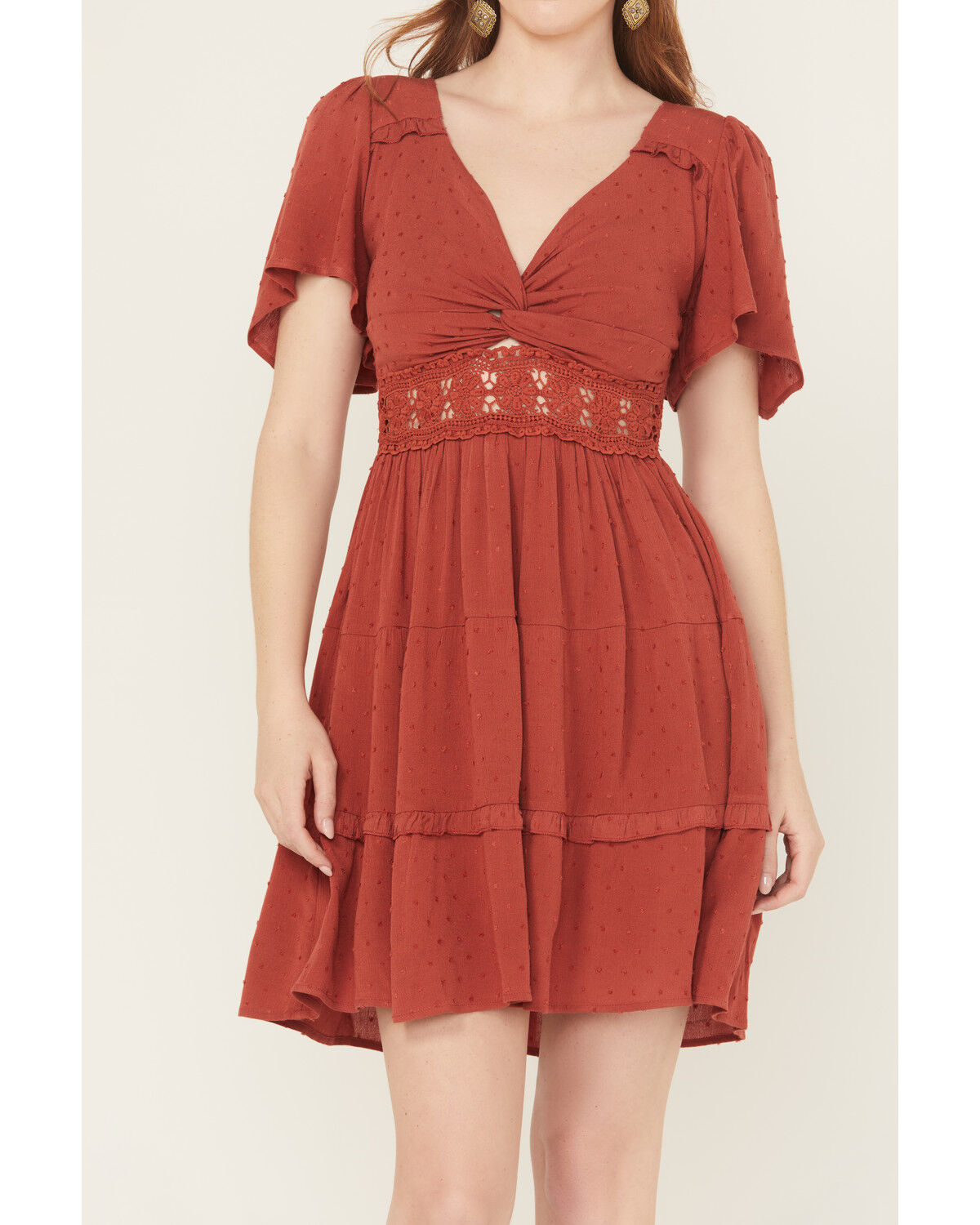 Image #3 - Wild Moss Women's Crochet Inset Twist Front Short Sleeve Mini Dress, Rust Copper, hi-res