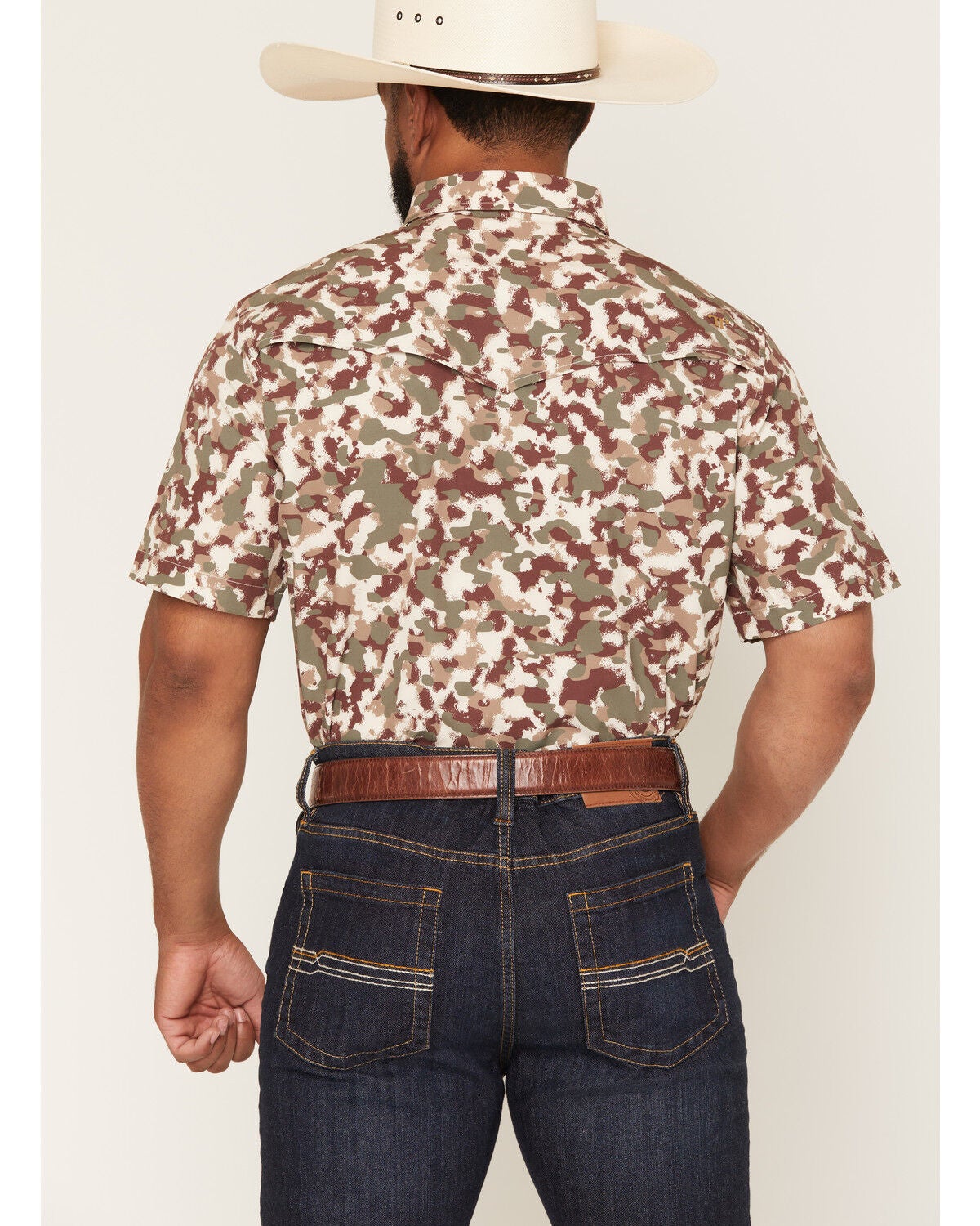 Image #4 - Ferrell Men's Tek Camo Print Short Sleeve Pearl Snap Stretch Performance Western Shirt, Brown, hi-res