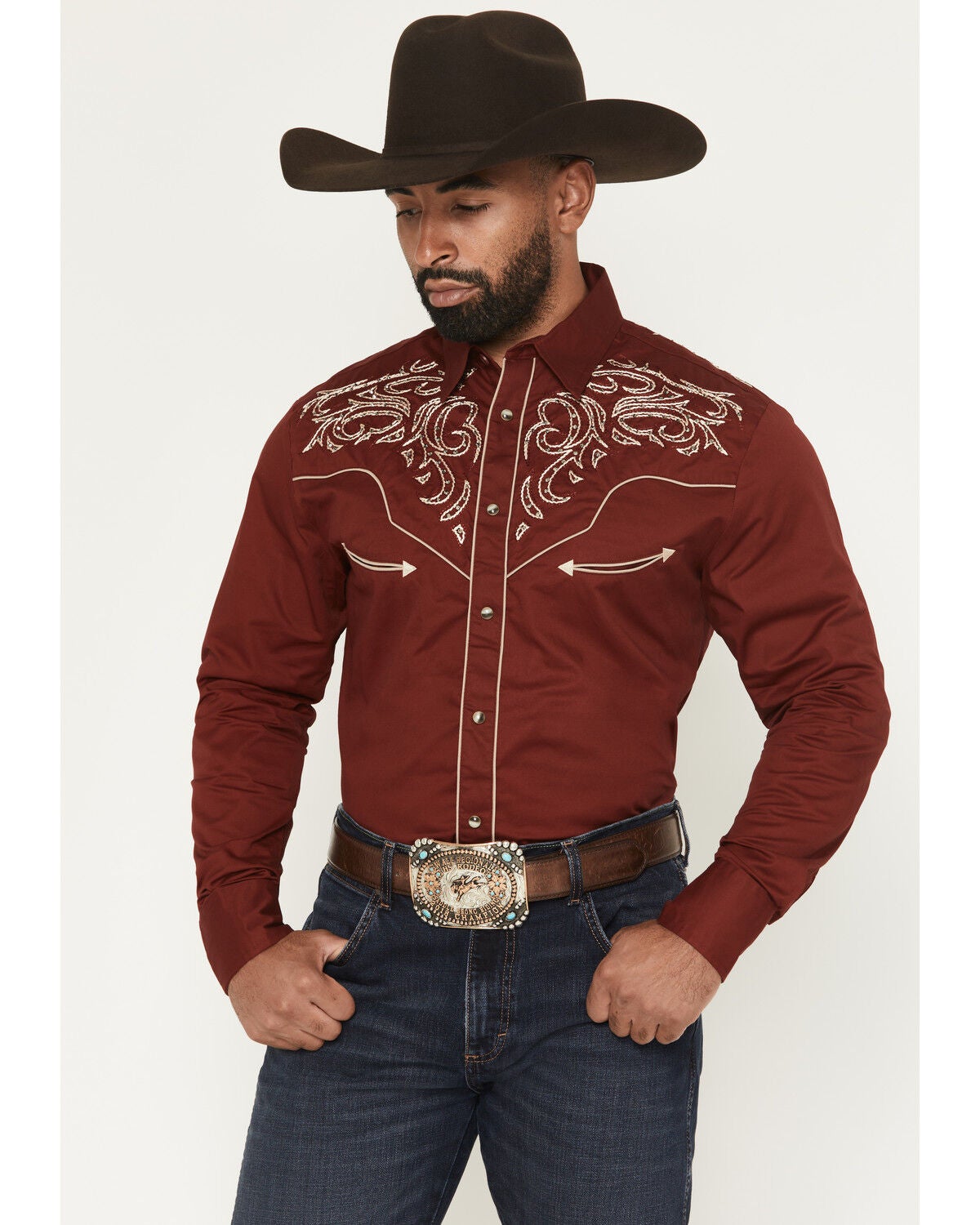 Rodeo Clothing Men's Embroidered Embellished Long Sleeve Snap Western Shirt, Burgundy, hi-res