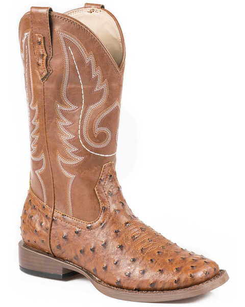 Roper Youth Boys' Ostrich Print Western Boots - Square Toe, Tan, hi-res