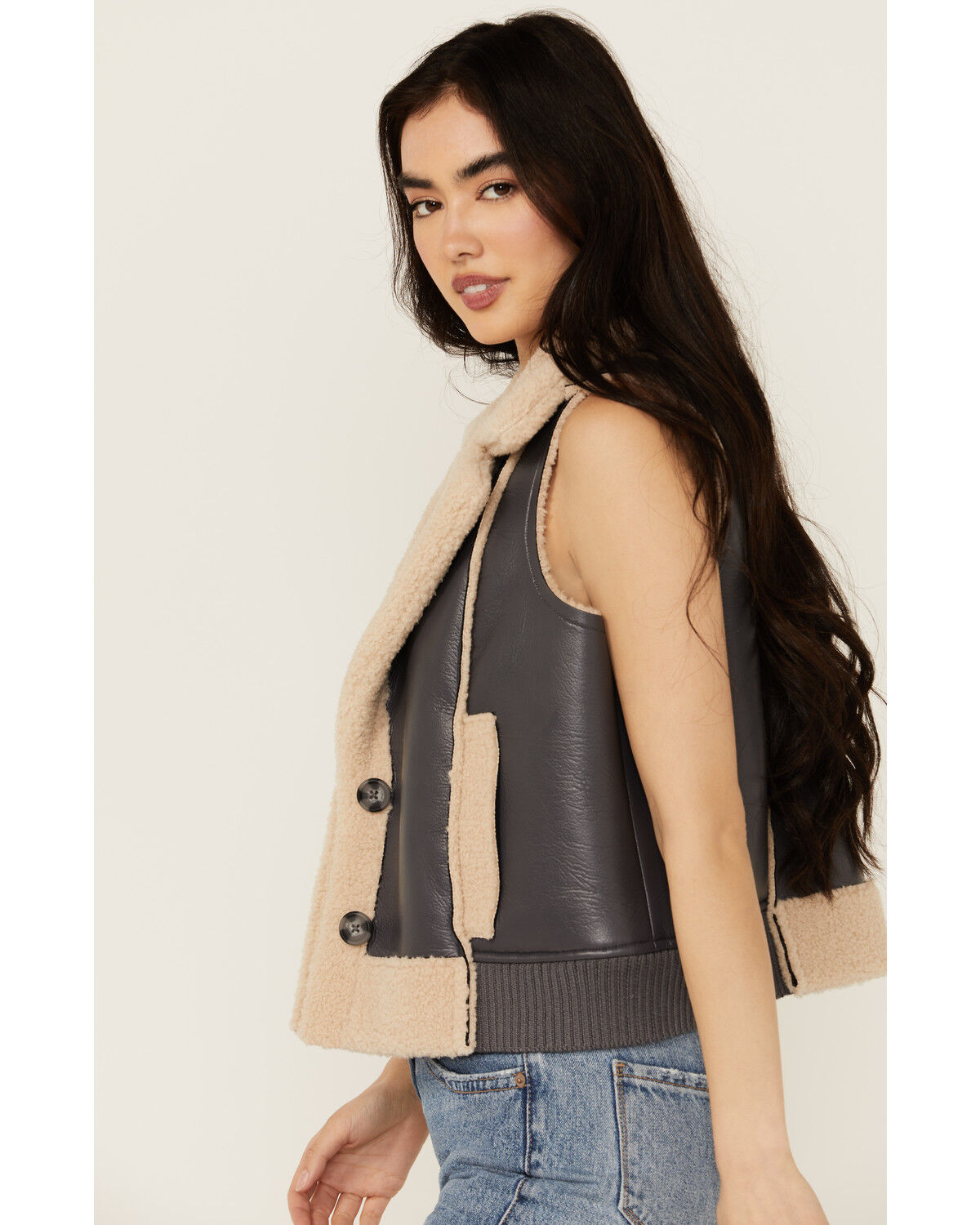 Image #2 - Cleo + Wolf Women's Charles Sherpa Bonded Faux Leather Vest, Charcoal, hi-res
