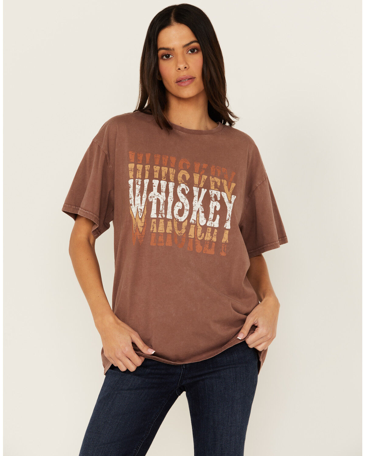 Image #1 - Rock & Roll Denim Women's Whiskey Rhinestone Short Sleeve Graphic Tee, Brown, hi-res
