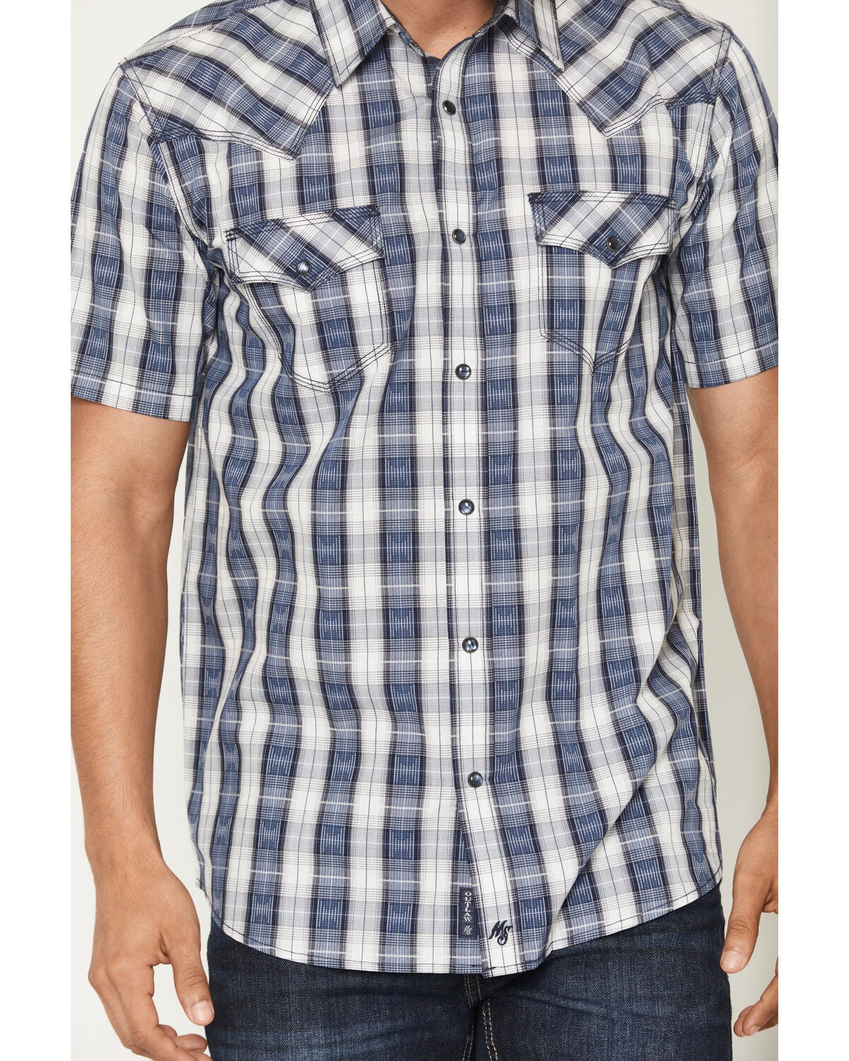 Image #3 - Moonshine Spirit&reg; Men's Desert Willow Plaid Print Short Sleeve Pearl Snap Western Shirt, Blue, hi-res