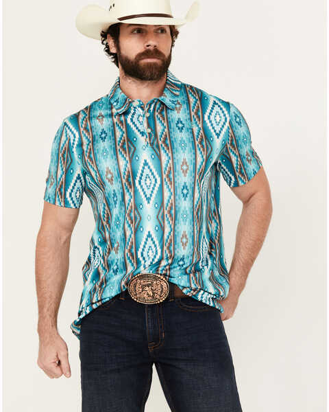 Rock & Roll Denim Men's Southwestern Striped Short Sleeve Polo Shirt , Turquoise, hi-res