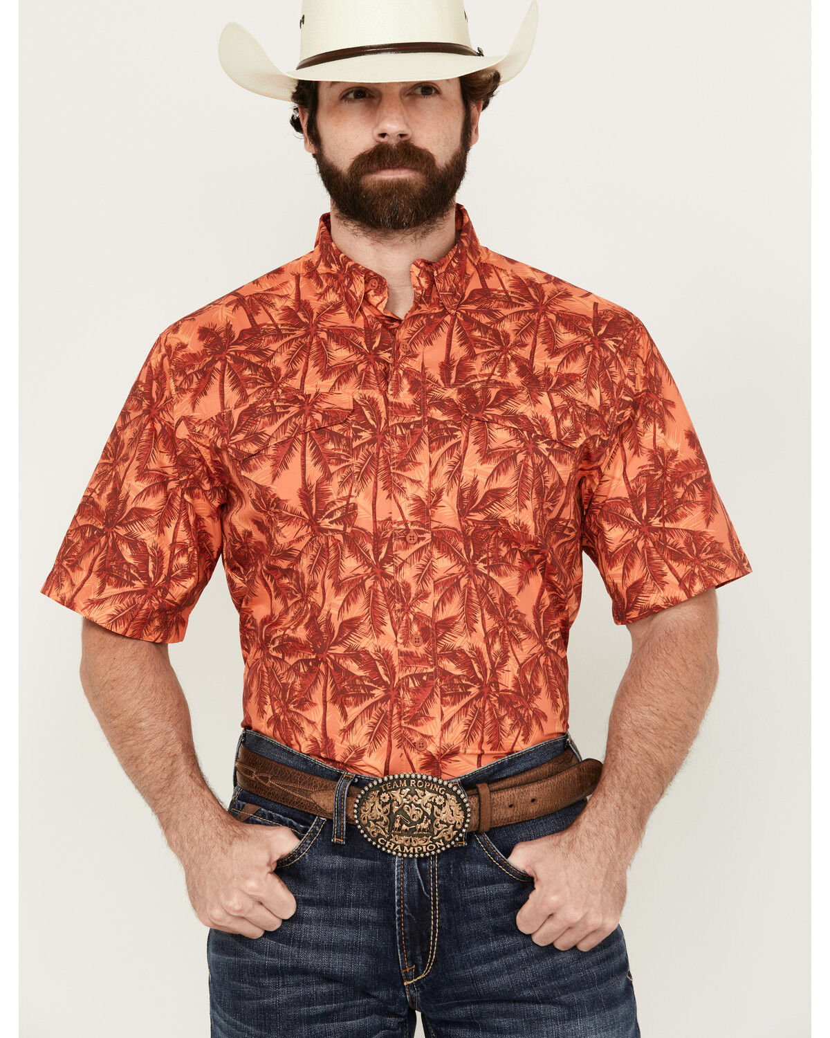Image #1 - Ariat Men's VentTek Outbound Palm tree Print Short Sleeve Button-Down Performance Western Shirt, Dark Orange, hi-res