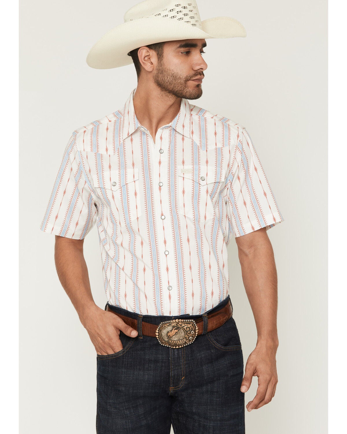 Kimes Ranch Men's Sonny COOLMAX&reg; Stripe Print Short Sleeve Snap Western Shirt, Red, hi-res