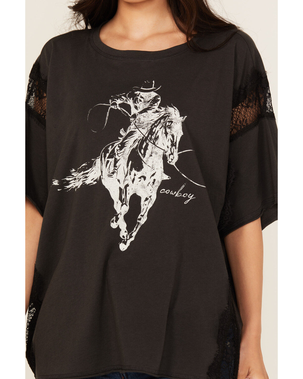 Image #3 - Originality Women's Cowboy Lace Short Sleeve Graphic Tee, Black, hi-res